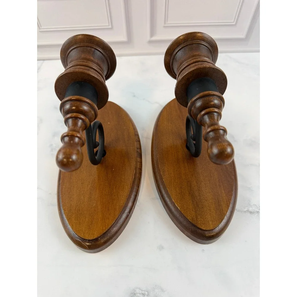 VTG PAIR (2) Wooden & Iron Candle Wall Sconces 8X3 Grandmacore